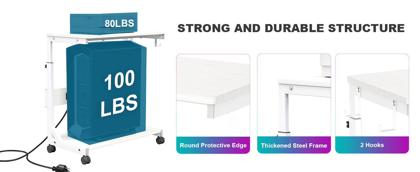 Регульована підставка для комп'ютерного блоку з 2 полицями та місцем для зберігання - для корпусів ATX, принтерів, з фіксуючими колесами (білий, 64 x 64 x 59-84,5 см)