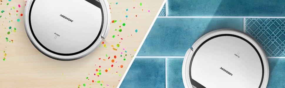 Робот-пилосос MEDION з функцією миття підлоги (90 хв роботи, 2-в-1, для твердих підлог, килимів, плитки, ламінату, оптимізований для шерсті тварин, повернення на зарядну станцію, MD 18501) білий