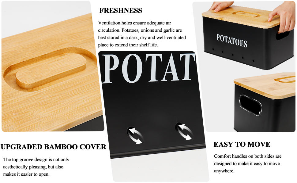 Набір контейнерів для зберігання картоплі, цибулі та часнику [3 шт] з бамбуковим кришками | З вентиляцією та захистом від світла | Чорний