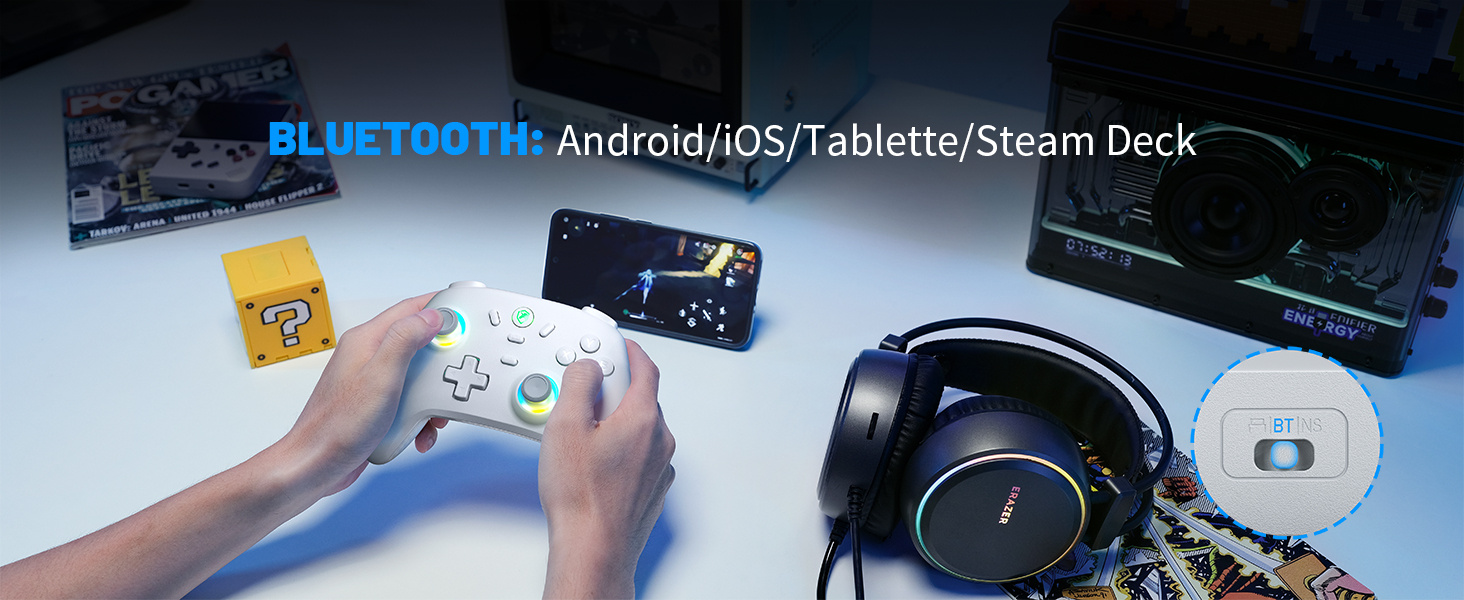 Бездротовий ігровий контролер ECHTPower для PC, Switch, Steam Deck, Android, iOS — RGB підсвічування, Hall-джойстики, вібрація, Turbo, акумулятор 800mAh (Білий)