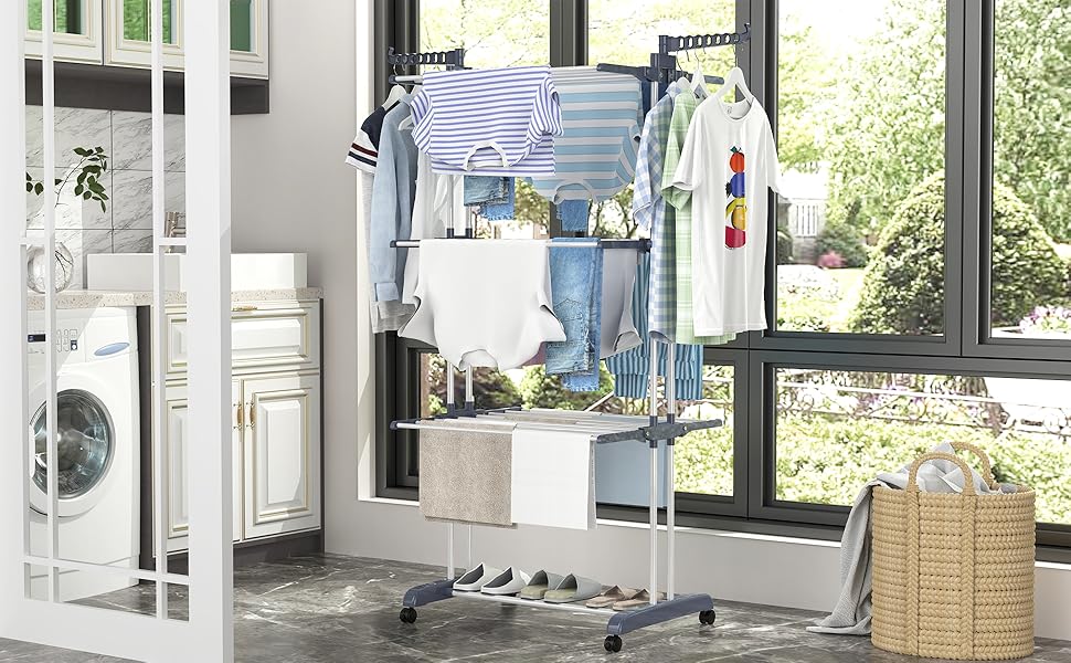 Сушарка для білизни вертикальна SIMPDIY, розкладна башта-сушарка з 6 крилами та 2 бічними панелями, мобільна сушарка на колесах для дому та вулиці, сіра