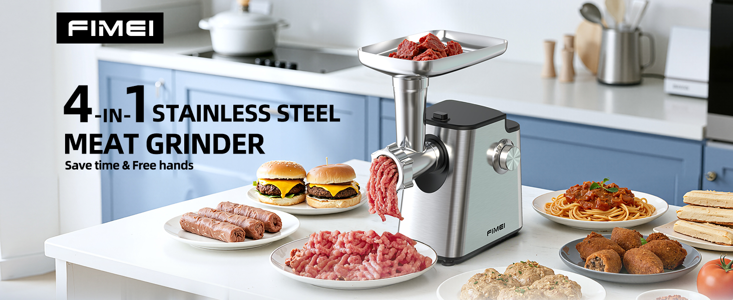 М'ясорубка електрична FIMEI 4-в-1 з насадками для ковбас та печива, нержавіюча сталь