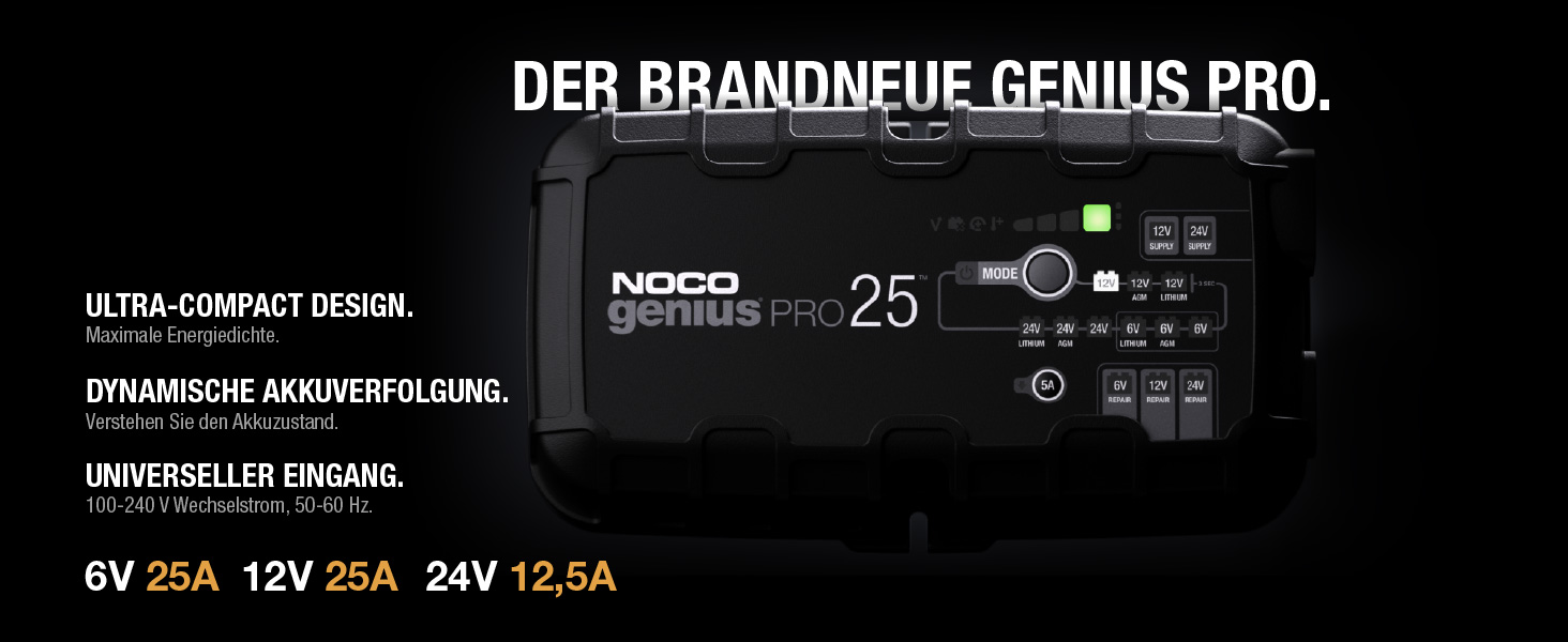 NOCO GENIUSPRO25: Професійне зарядне пристрій для акумуляторів 25A, 6V/12V/24V – Інтелектуальний зарядний пристрій, десульфатор та блок живлення з захистом від перевантаження та температурною компенсацією – Для свинцево-кислотних та літієвих акумуляторів