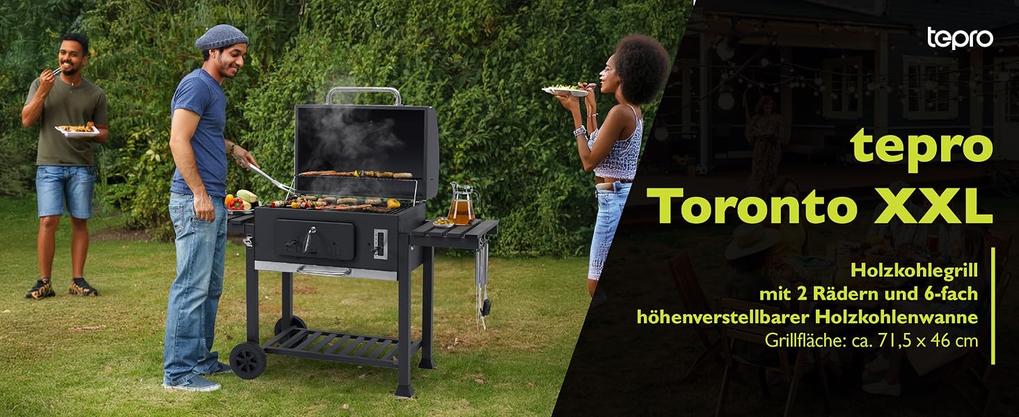 Тіпро Торонто XXL, гриль на вугіллі / гриль-возна, з нержавіючою ручкою, термометром та регульованим рівнем для вугілля, камінний заслін та колова клапана, розміри: 152 x 73 x 137 см