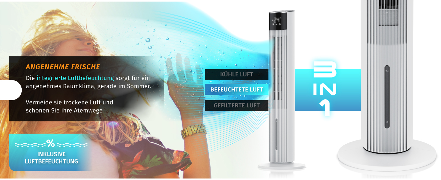 Вентилятор вежний з Wi-Fi та охолодженням води Brandson ECO GREEN – тихий, з керуванням Alexa, смарт-вентилятор для дому, мобільний кондиціонер