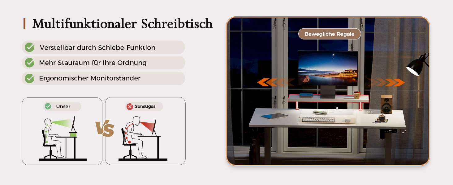 Регульований по висоті письмовий стіл Klicelor 140x60 см з LED-підсвіткою, розетками та підставкою для монітора, білий — ігровий та офісний стіл для роботи стоячи