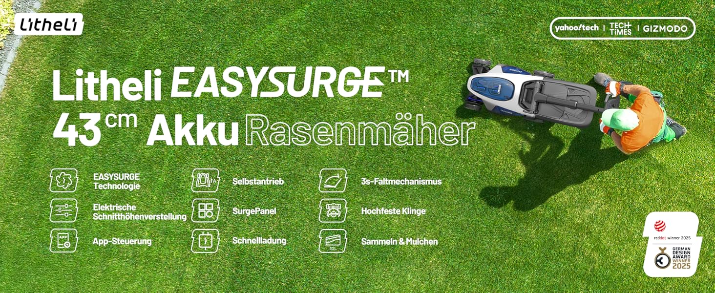 Акумуляторний акумуляторний газонокосарка Litheli Easysurge 43 см, 40V, самохідна, безщітковий двигун, до 500 м², 50 л, 25-75 мм, 2 x 4.0 Ah