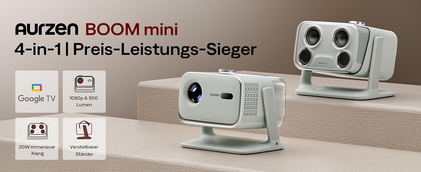 Aurzen Boom Mini 4-в-1 Smart Beamer: проєктор 4K з Google TV, аудіо Dolby 20W, Wi-Fi, Bluetooth, автофокус, корекція трапеції (зелений)