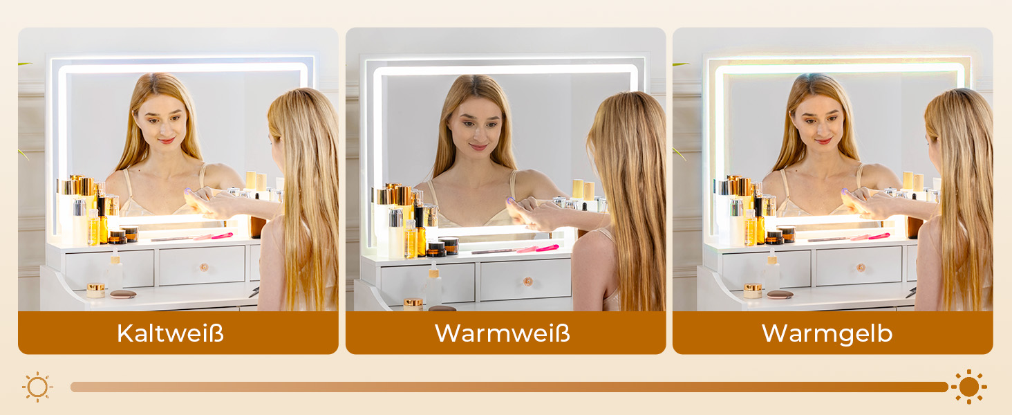 Трюмо COMHOMA з підсвічуванням, дзеркалом та прихованою LED-смугою, зі стільцем та 5 висувними ящиками, з розеткою, 3 колірні температури та регульована яскравість, білий