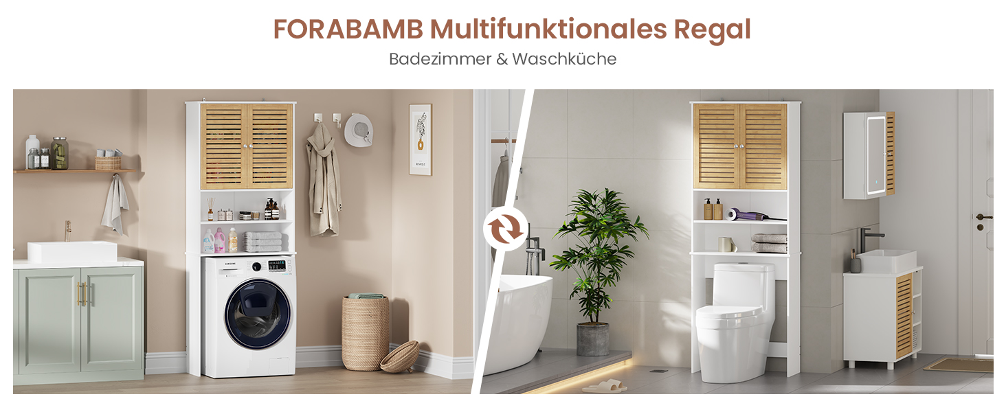 Шафа для пральної машини FORABAMB, висока шафа, полиця для туалету зі шафою, 2 відкриті полиці, регульовані полиці, полиця для ванної кімнати з 2 бамбуковими дверцятами над пральною машиною/туалетом 185.5×65×24 см