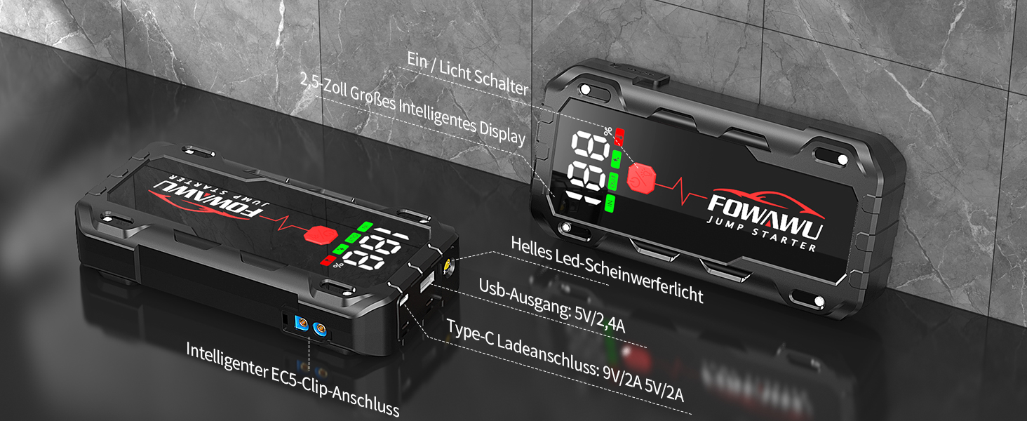 Бустер для автомобіля FOWAWU 7000A 26800mAh — Пусковий пристрій (Jump Starter) для бензинових двигунів до 12л та дизельних до 10л