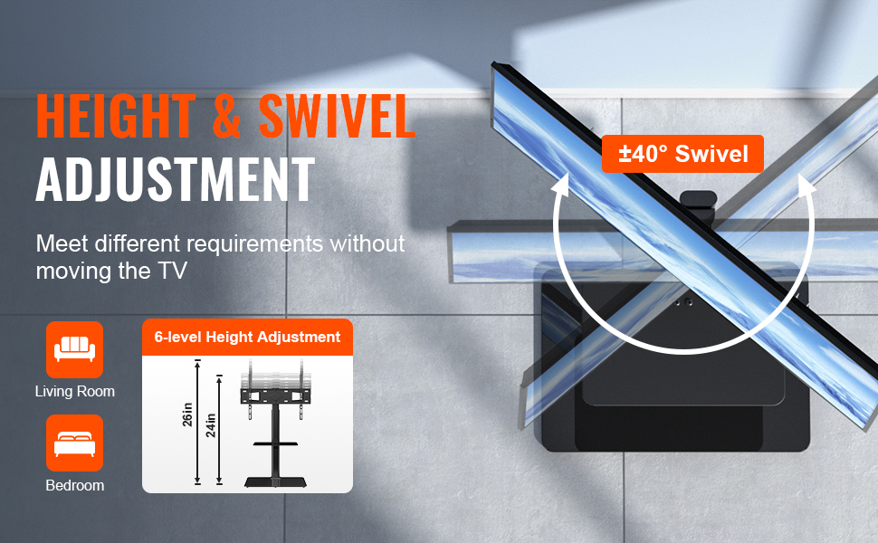 Стійка для телевізора VEVOR поворотна підлогова 32-85 дюймів, чорна. Регульована висота, скляна база. Для вітальні, спальні.