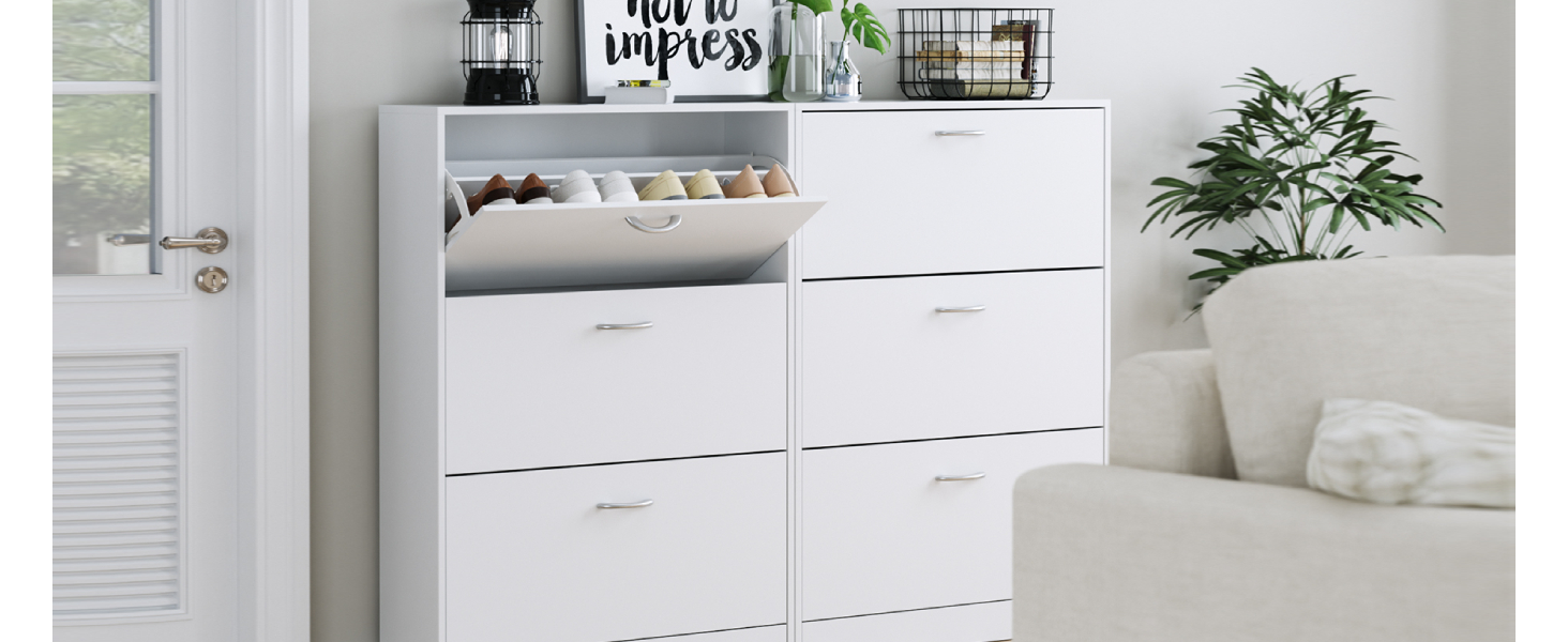 Вузька шафа для взуття FirFurd біла, з 3 відкидними ящиками, економна для 12-24 пар, висока комода для прихожей, коридору, входу. Дерев'яна шафа для взуття 110x80x23.5 см