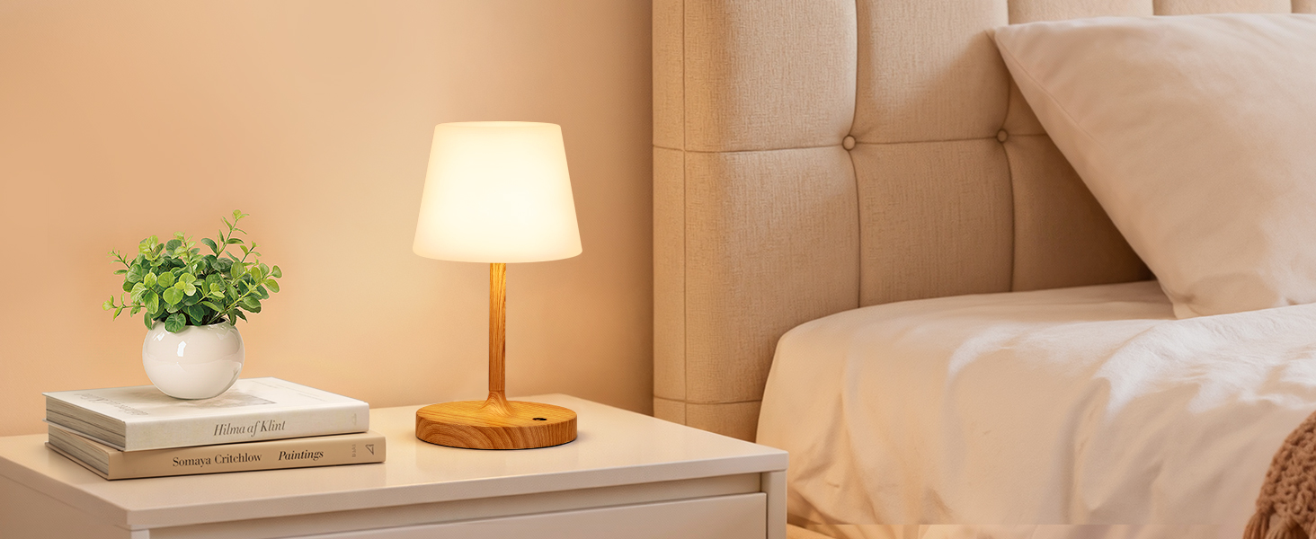 LED настільна лампа бездротова з сенсорним керуванням, регульоване світло, функція пам'яті, для спальні, кафе, відпочинку на природі, з текстурою дерева