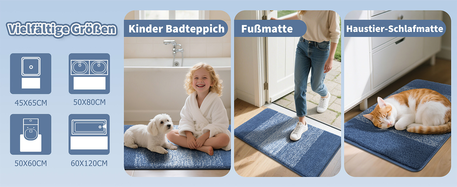 Набір килимків для ванної кімнати: душовий килимок, килимок для туалету, килимок для ванної (блакитний, 50x80 + 50x60 см)