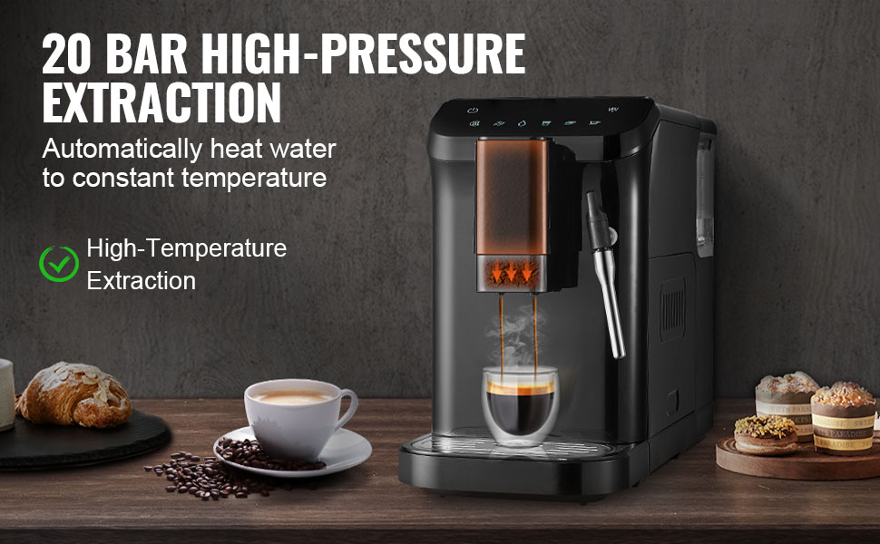 Автоматична кавомашина VEVOR CM9002EA-GS з вбудованою кавомолкою, 15 ступенів помолу, 1,5 л резервуар для води, 180 г контейнер для кавових зерен
