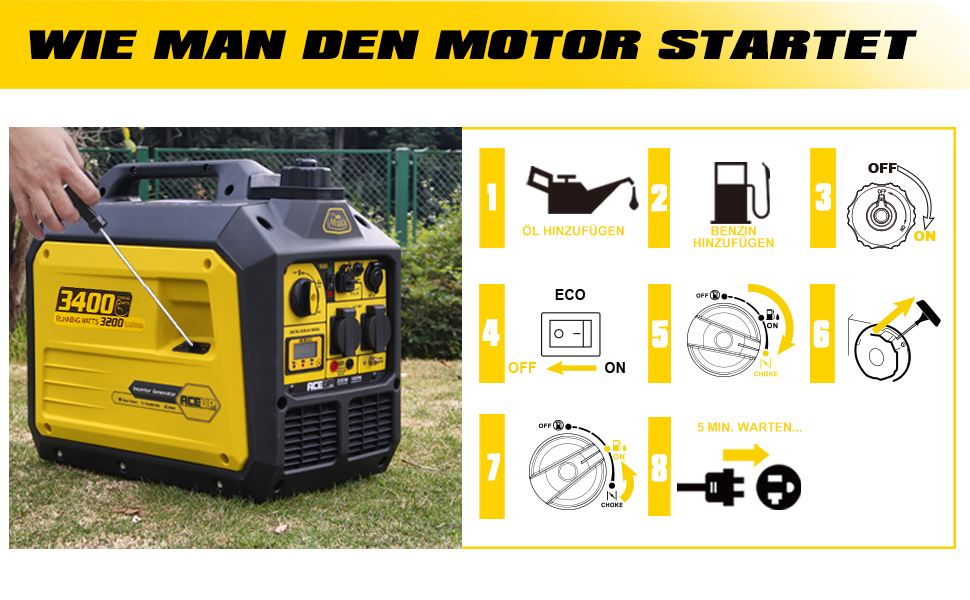 Бензиновий інверторний генератор Aceup 3400W: тихий, портативний, для дому, кемпінгу, 230V, 12V, USB, 4-тактний, 23кг