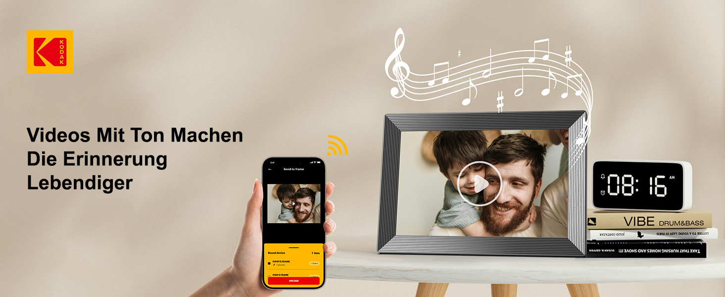 Цифровий фоторамка Kodak WiFi, 10.1 дюйма, HD IPS сенсорний екран, 32GB, автоматичне обертання, WiFi, для стін, чорний