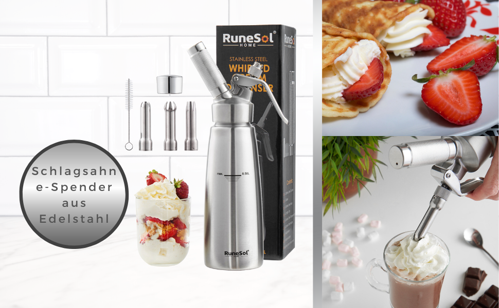 Runesol Дозатор для вершків 500 мл: професійний сифон для десертів з 3 насадками з нержавіючої сталі, алюмінієвий диспенсер для збитого вершку