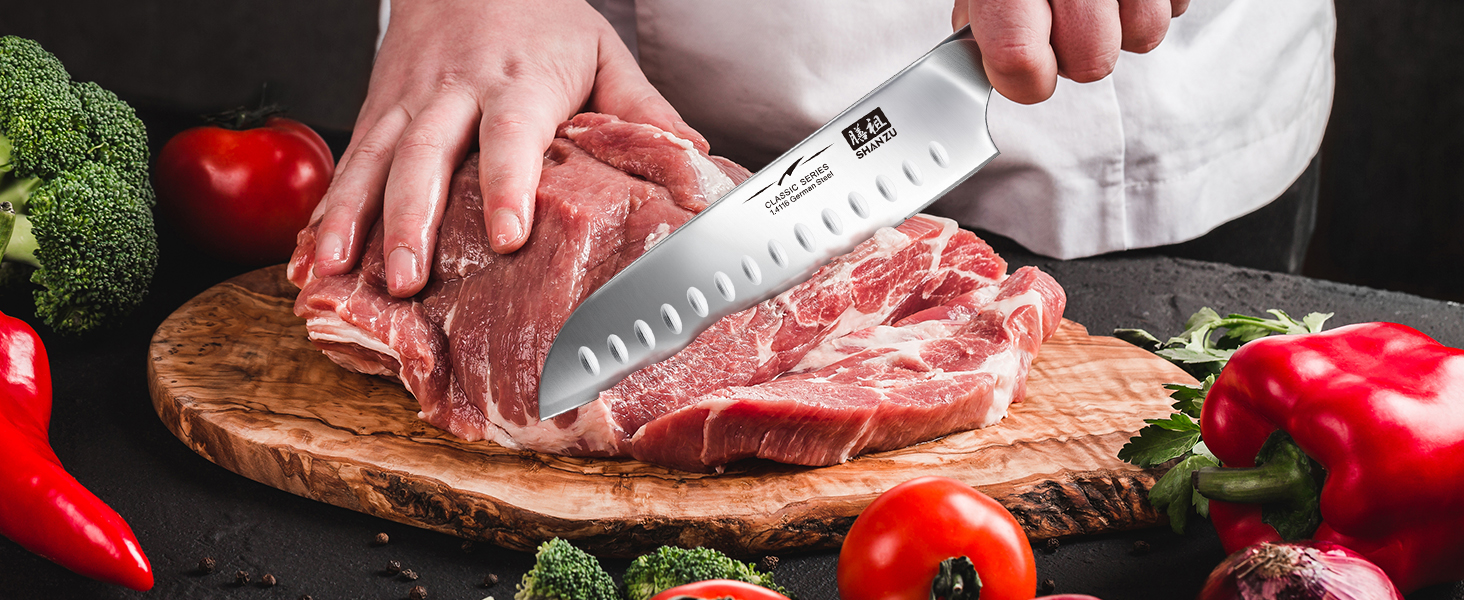 Ніж шеф-кухаря SHAN ZU Santoku: 18 см, нержавіюча сталь, ергономічна ручка, подарункова коробка
