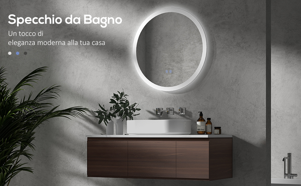 Дзеркало для ванної кімнати Kleankin Ø60 см з підсвічуванням, LED, сенсорне управління, пам'ять, протитуманне покриття, 3 кольори світла (білий+срібний), 70x70 см