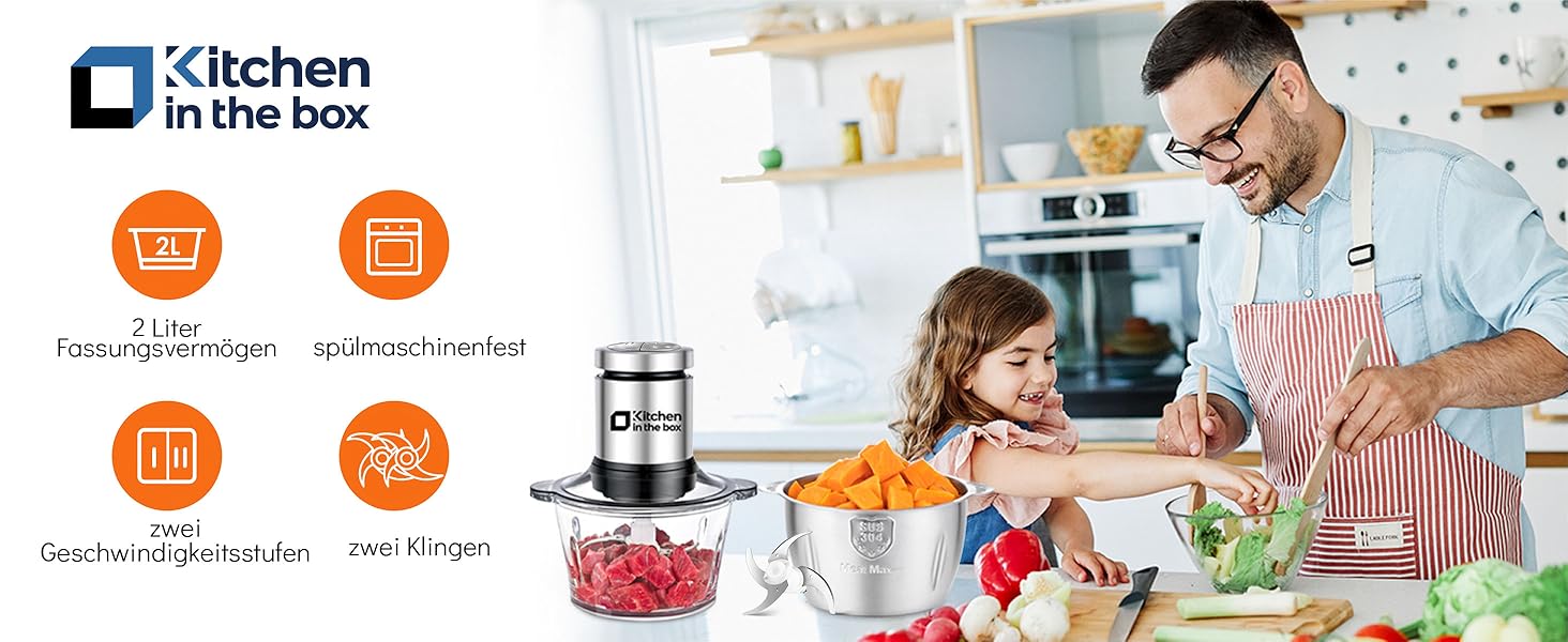 Електричний кухонний подрібнювач Zerkleinerer Küche 400W з 2 чашами (2L+2L) та подвійними лезами з нержавіючої сталі. Подрібнювач для м'яса, овочів, цибулі, фруктів. Срібний колір.