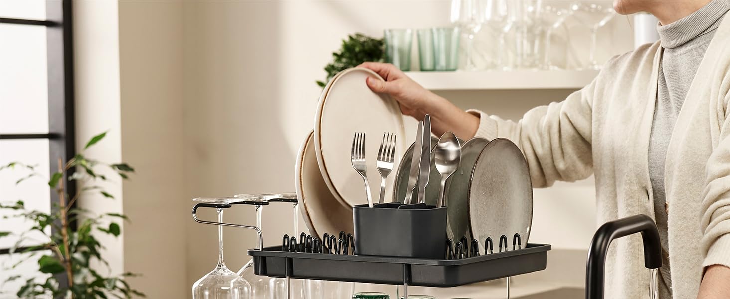 Сушарка для посуду Joseph Joseph Extend з нержавіючої сталі, висувна, компактна, з підставкою для столових приборів та поворотним зливом (2 яруси, сіра)