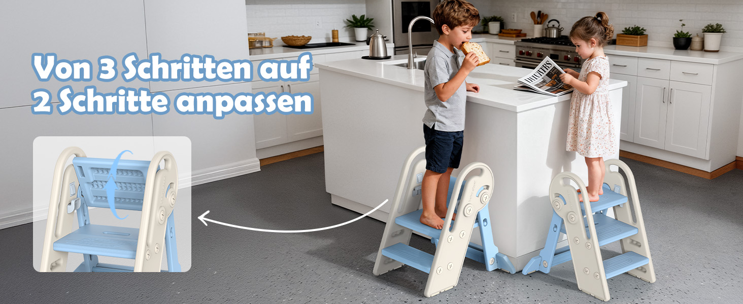 Дитячий підсвічник Onasti Tritthocker: регульована висота, 3 сходинки, з ручками, складний, антиковзний, для кухні, ванної, туалету (сірий, сіро-білий, блакитний)