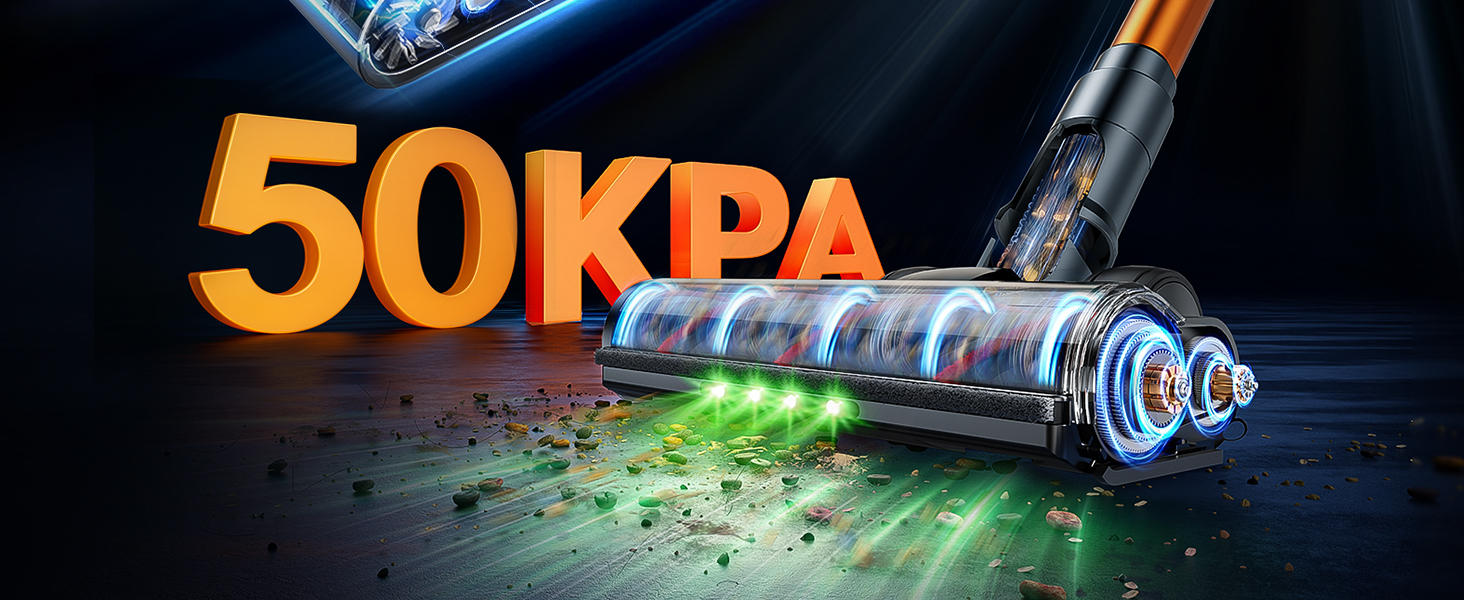 Бездротовий акумуляторний пилосос 50KPA/600W з подовжуваним шлангом 1м, стійка підставка, автоматичний режим, насадка проти ковтунів, багаторівнева фільтрація для килимів/твердих поверхонь/автомобіля