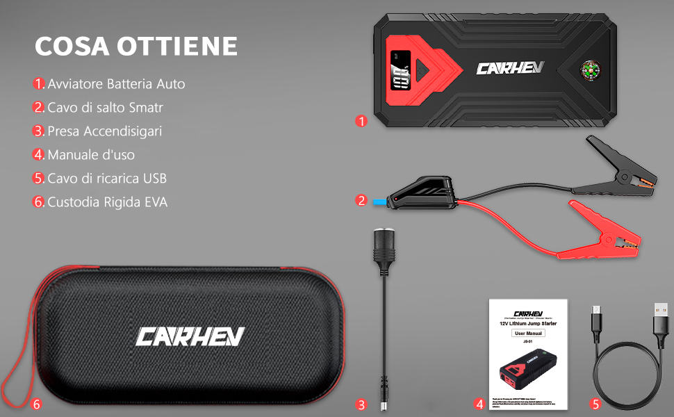 Бустер для авто CARHEV Jump Starter 3000A — Пусковий пристрій з LCD-дисплеєм для бензинових (до 8л) та дизельних (до 8л) двигунів, 12V Powerbank з USB швидкою зарядкою та LED-ліхтарем
