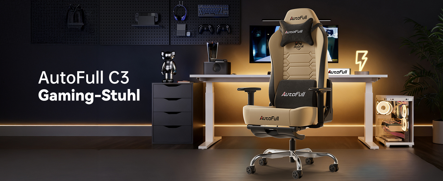 Ігровий крісло AutoFull C3 з ергономічним дизайном | Крісло з регульованими підлокітниками, підставкою для ніг, подушкою для голови та попереку | Макс. навантаження 150 кг | Зручна тканинна оббивка (Колір: Коричневий)