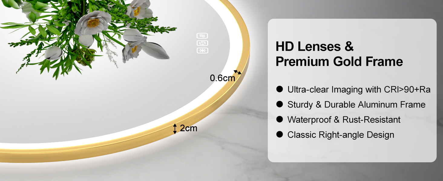 Дзеркало для ванної кімнати Furduzz з LED-підсвічуванням, 700 мм, сенсорне керування, диммування, 3 кольори, протизапотівання, пам'ять, золота рамка (60x60 см)