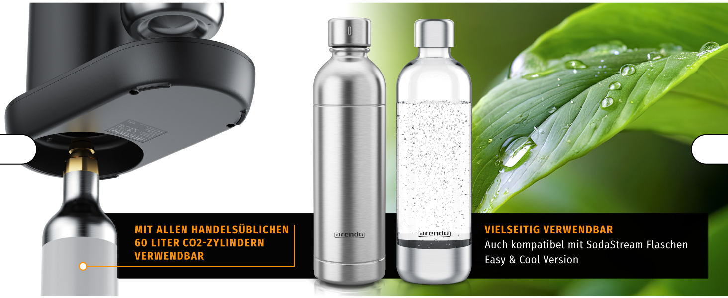 Сифон для газування води Arendo Soda Maker: набір з пляшкою 1000 мл (BPA-free) та сталевою пляшкою 1000 мл, сумісність з 60 л CO2 циліндрами, чорний