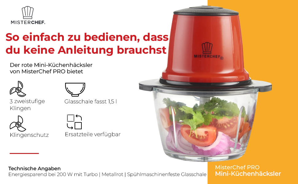 Міні-подрібнювач міні-кухонного комбайна MisterChef, 3 дворівневі леза, енергозбереження, 200 Вт, турбо, ємність для продуктів 1,5 л, скляна чаша, червоний металік яскраво-червоний