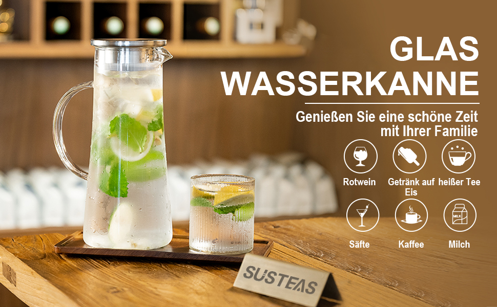 Скляна карафа SUSTEAS 2.0 літри з кришкою для води, чаю, кави, соку та вина