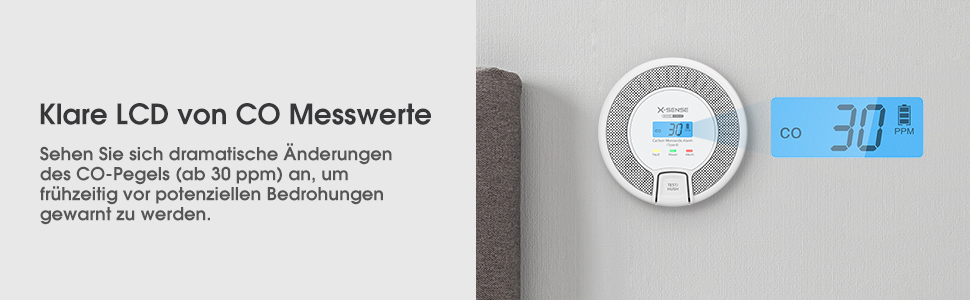 Виявник CO X-Sense з цифровим дисплеєм, датчик вуглекислого газу, 10 років служби, акумулятор замінюється, сертифікат EN 50291, CO03D автономний