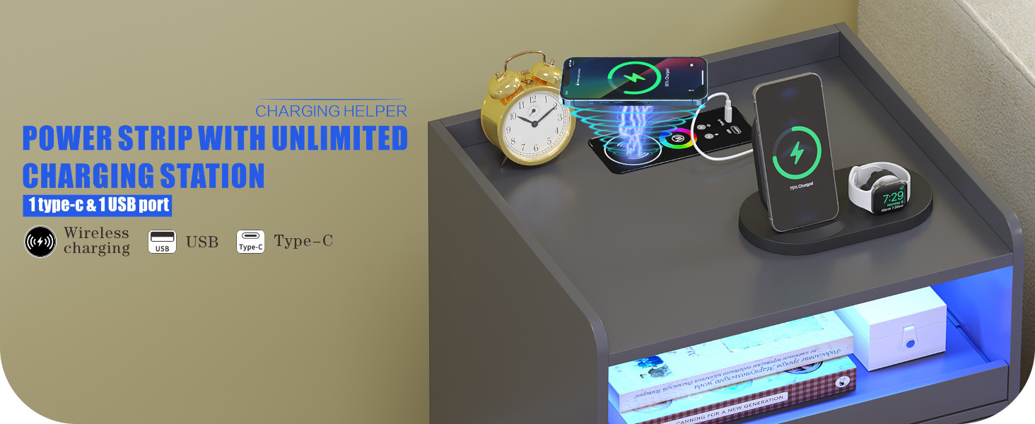 Нічний столик FREDEES з LED-підсвічуванням, ящиком та зарядкою, сірий (2 шт.)