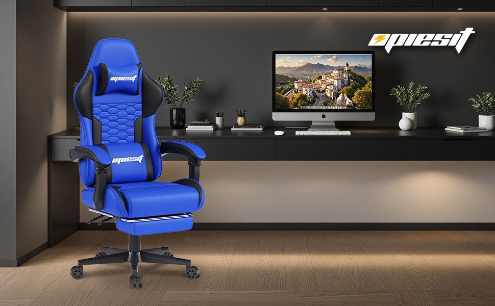 Ігровий крісло з підніжкою, регульованими підлокітниками та підтримкою попереку, ергономічне для дорослих, велике, високе, блакитне