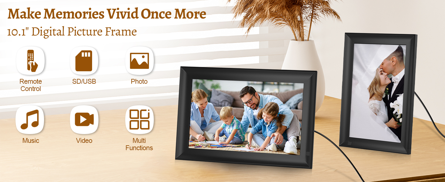 Цифровий фоторамка OBVHNUA 10.1' з 128 ГБ пам'яті, без Wi-Fi, IPS-дисплей 1280*800, відтворення фото, музики, відео, календар, USB/SD, настінний монтаж