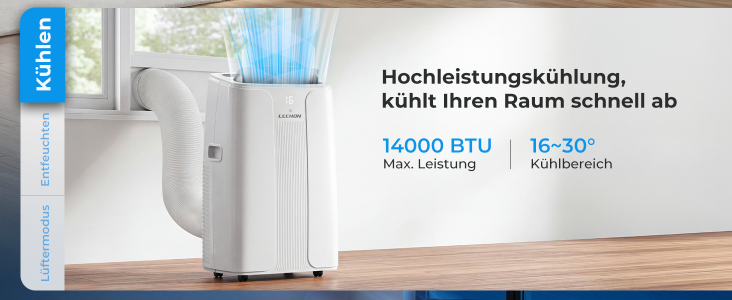 Мобільний кондиціонер LEENON 14000 BTU 4-в-1: охолодження, осушення, вентиляція, нічний режим. З пультом, таймером на 24 год, авто-свінгом, для приміщень до 50м² (білий)