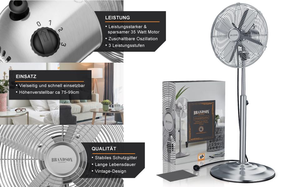 Підлоговий вентилятор Brandson Silverline з коливанням 80° та хромованим дизайном - 3 швидкості, регульована висота та нахил 30°