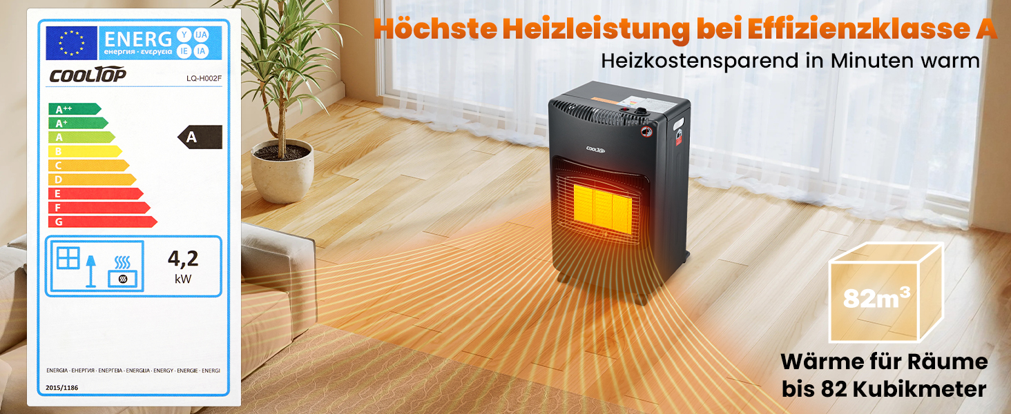 Газовий обігрівач Cooltop 4200W з керамічним нагрівачем, для дому, на бутан/пропан, без балончика, з регулятором та шлангом (чорний)