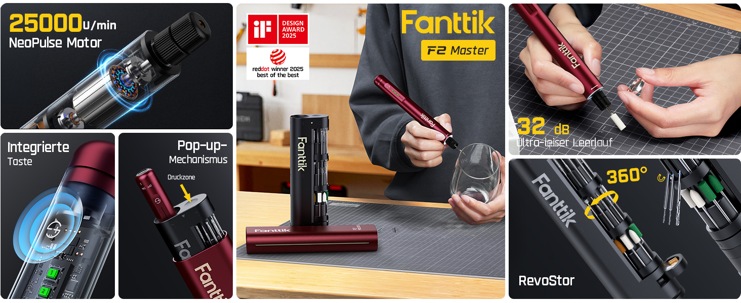 Multifunkціональний акумуляторний інструмент Fanttik F2 Master Mini (Полірування, 3D-друк, гравірування) - 35 насадок, 5 швидкостей, 25000 об/хв, червоний