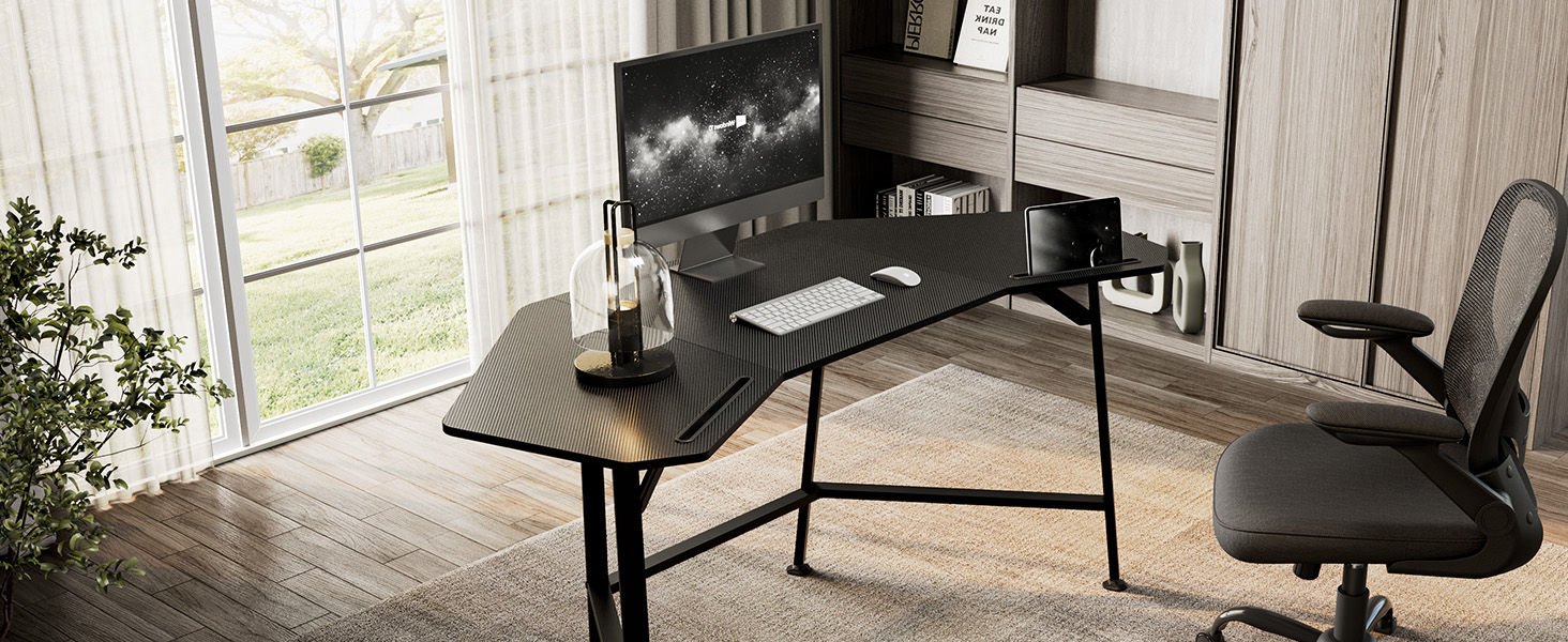 Ігровий стіл EUREKA ERGONOMIC 160x74 см - великий стіл у формі крила для ігор, ПК, дому, офісу, стрімінгу. 2 слоти для iPad. Чорний.