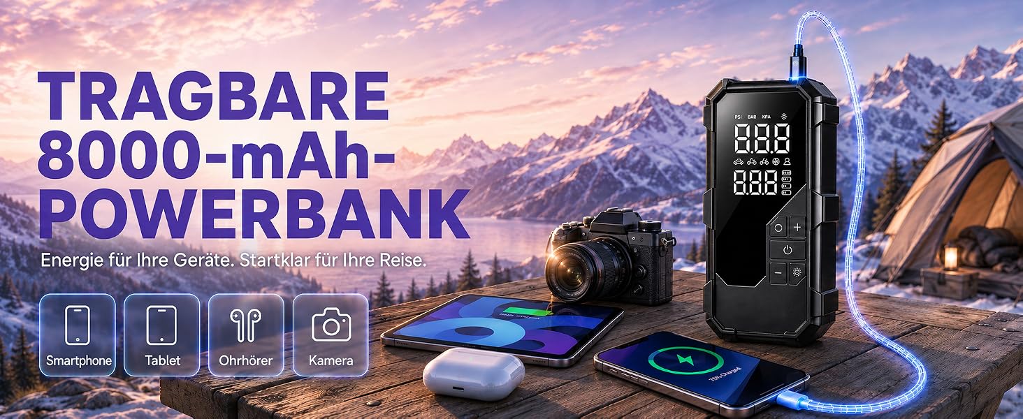 Пусковий пристрій (бустер) 8000A з компресором 150 PSI та Powerbank для бензинових та дизельних двигунів