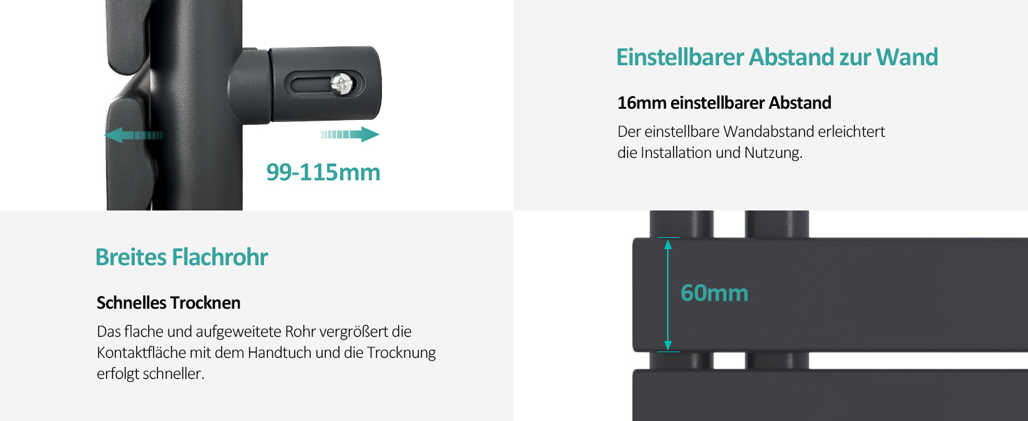 Електричний рушникосушар EMKE з термостатом, 1320x400 мм, 600W, Антрацит