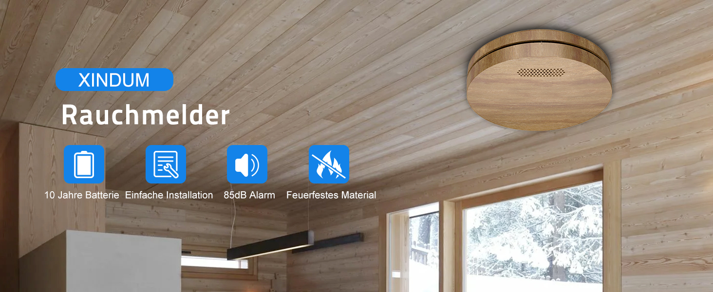 Датчик диму Rauchmelder з батареєю на 10 років, плоский, сертифікований TÜV Rheinland, з функцією вимкнення звуку, гучний 85dB сигнал, автономний, чутливий до вогню, білий (набір 6 шт., колір дерева)
