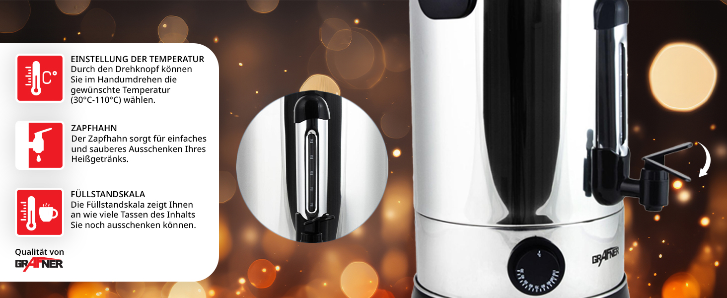 Електричний диспенсер для глінтвейну Grafner XL з нержавіючої сталі, 8,8 л, 1500 Вт, з краном, термостатом та захистом від перегріву