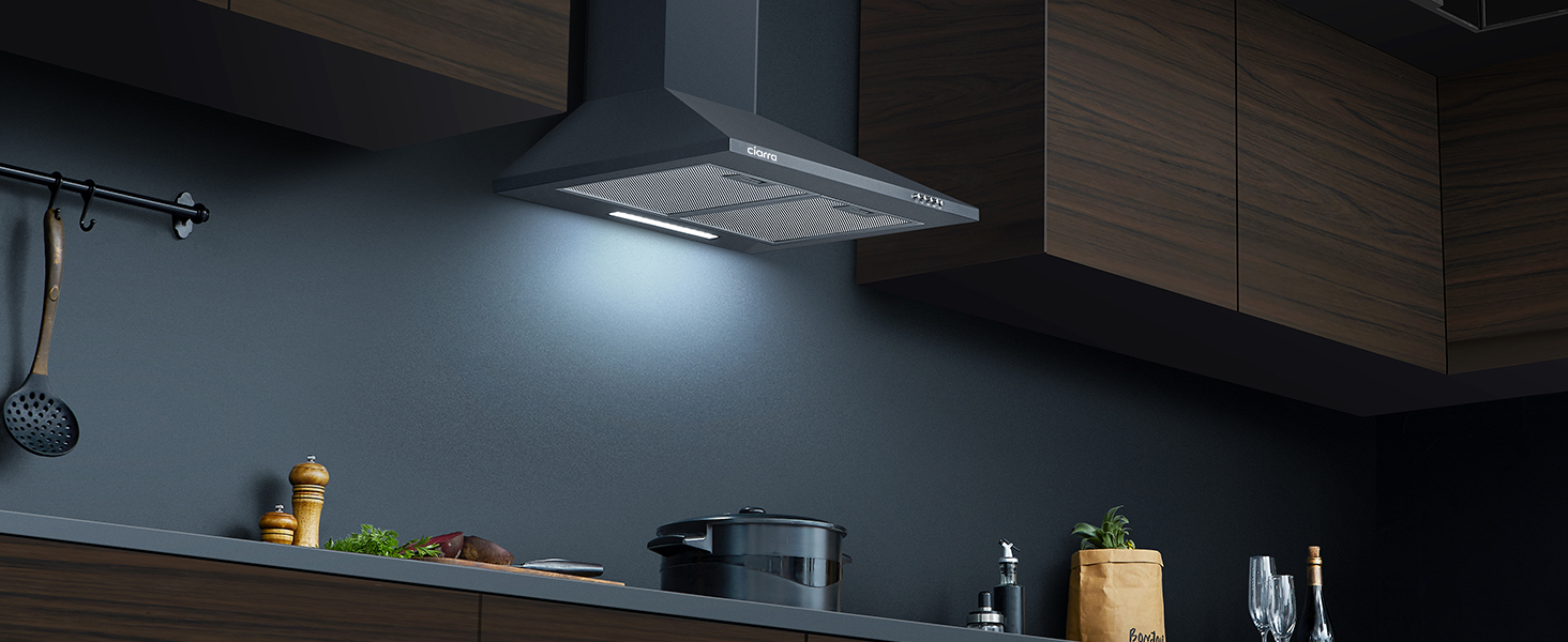 Витяжка кухонна CIARRA CBCB6201 чорна, пірамідальна, 60 см, 404 м³/год, A++, LED-підсвітка, з вугільним фільтром CBCF002X2, режим рециркуляції та відведення