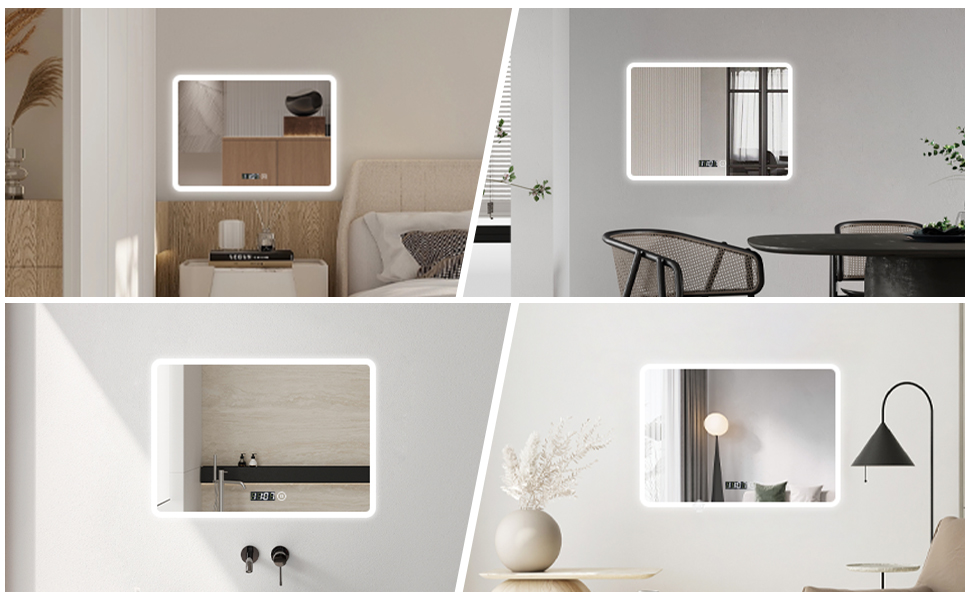 Дзеркало для ванної кімнати Badspiegel 50x70см з годинником та підсвічуванням 3 кольори, сенсорний вимикач, прямокутне, для ванної/вітальні (100x60x3.5см)